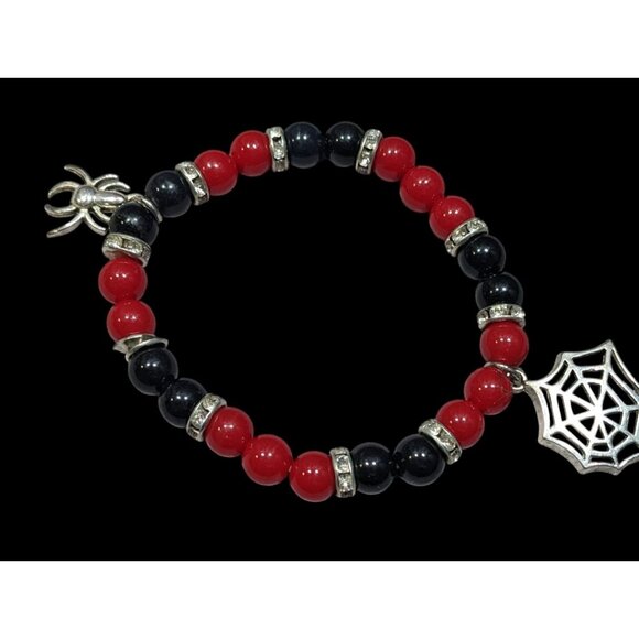 Gothic Halloween Red And Black Spider Themed Stretch Bracelet - Picture 1 of 4